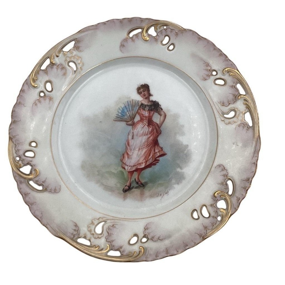 Limoges Haviland & Co Decorative Plate Hand Painted Lady Fan‎ Pierced Rim
